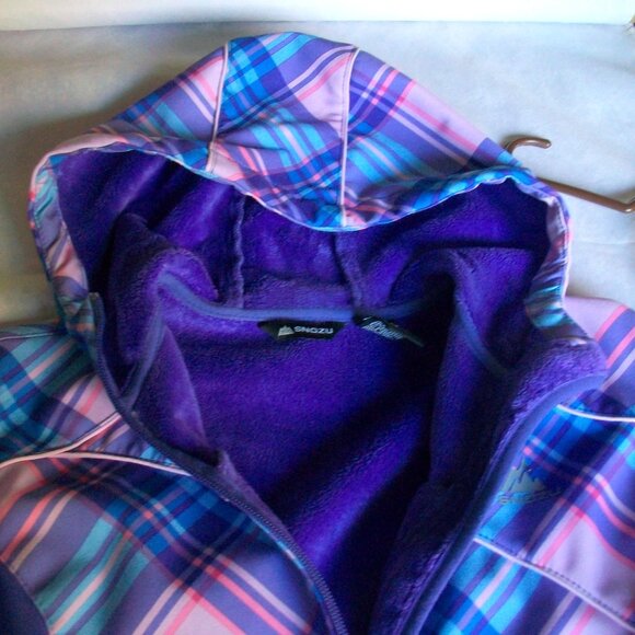 Snozu Pink Blue Purple Plaid Hood Rain Jacket GIRLS Sz L (14-16) - Picture 3 of 13